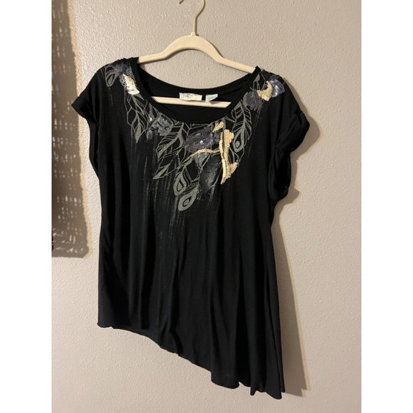 Miss Me TShirt Top M Medium Black Gold Gray Asymetrical Sequin Short Sleeve - Picture 2 of 6